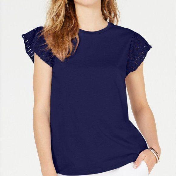 MICHAEL Michael Kors Cotton Lace-Sleeve T-Shirt True Navy PS - Picture 1 of 10